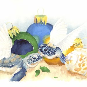 Watercolor work depicting an imaginary scene of "turtle doves" made up of real turtles, sea shells, Christmas ornaments and dove wings by Deidre Husak.