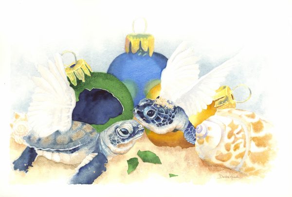 Watercolor work depicting an imaginary scene of "turtle doves" made up of real turtles, sea shells, Christmas ornaments and dove wings by Deidre Husak.