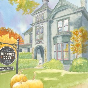 Watercolor painting of Biscuit Love store by Deidre Husak.