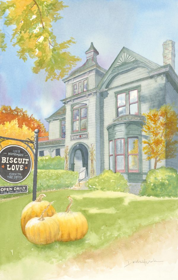 Watercolor painting of Biscuit Love store by Deidre Husak.