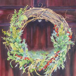 Watercolor work depicting a Christmas wreath hanging on a dark, wooden door, by Deidre Husak.