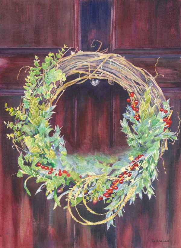 Watercolor work depicting a Christmas wreath hanging on a dark, wooden door, by Deidre Husak.