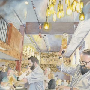 A Deidre Husak watercolor work depicting the work behind the bar at Cork & Cow.