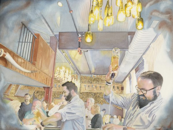 A Deidre Husak watercolor work depicting the work behind the bar at Cork & Cow.