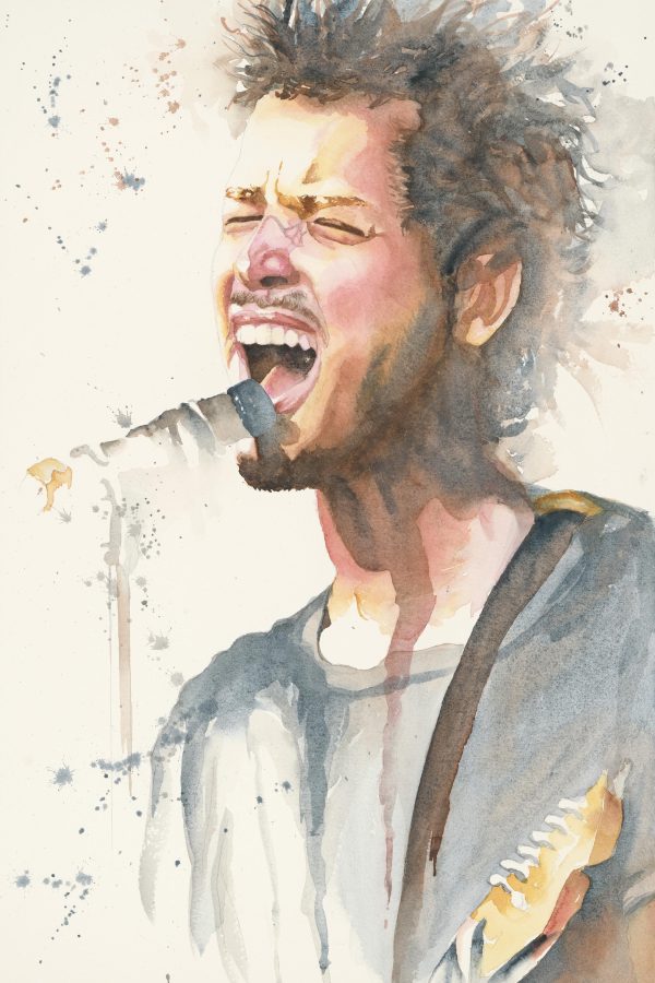 Watercolor work depicting a young mail singer in front of a microphone.