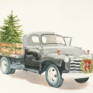 Old fashioned pick up truck, decorated for Christmas, captured in watercolor by Deidre Husak.