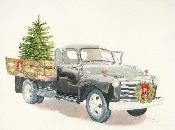 Old fashioned pick up truck, decorated for Christmas, captured in watercolor by Deidre Husak.