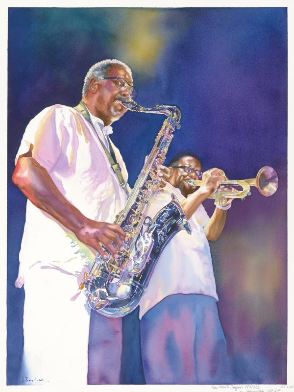 Jazz musicians in NOLA, captured in watercolor by Deidre Husak.