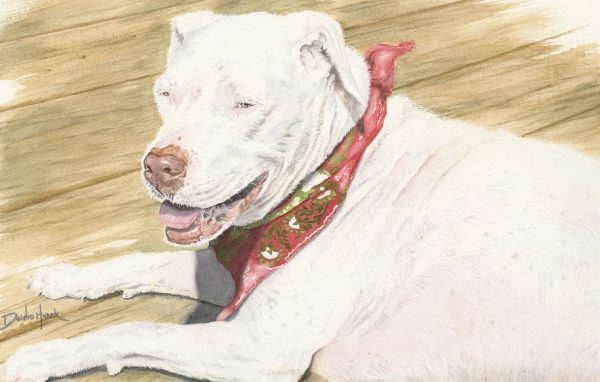 Watercolor painting of friendly white dog with a red kercheif.