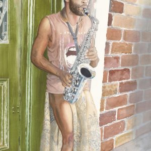 Watercolor of a man playing a saxophone while leaning on a green door by Deidre Husak.