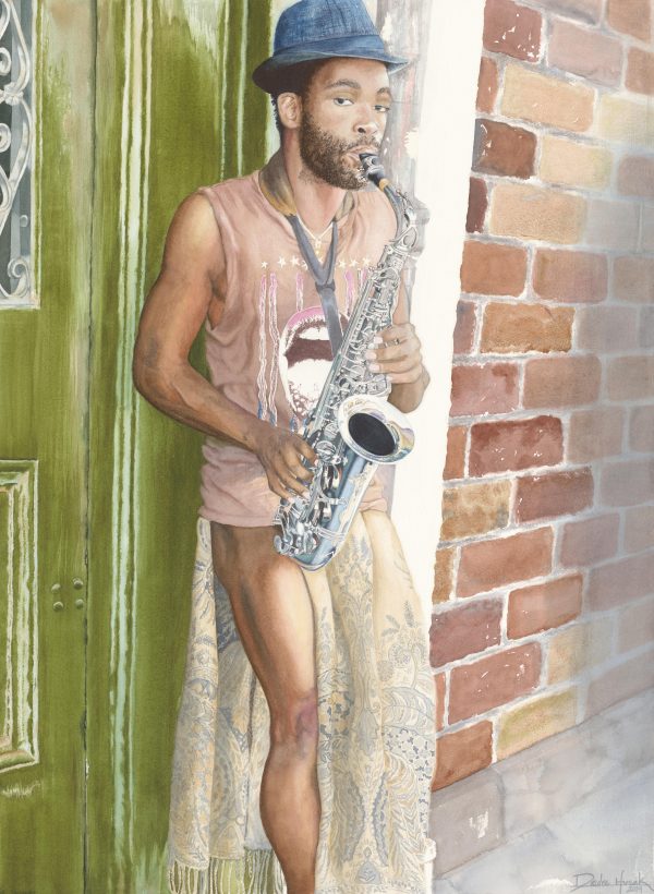 Watercolor of a man playing a saxophone while leaning on a green door by Deidre Husak.