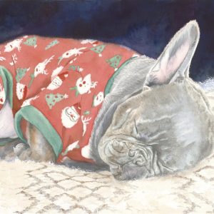 Watercolor of a sleeping dog wearing Christmas pajamas by Deidre Husak.