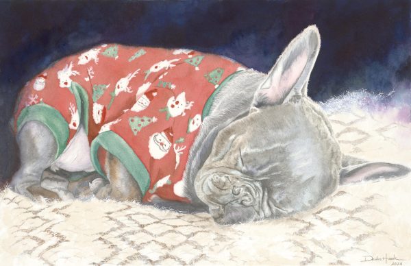 Watercolor of a sleeping dog wearing Christmas pajamas by Deidre Husak.