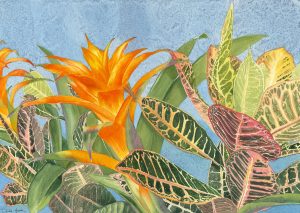 Watercolor of still life, tropical plants, by Deidre Husak.