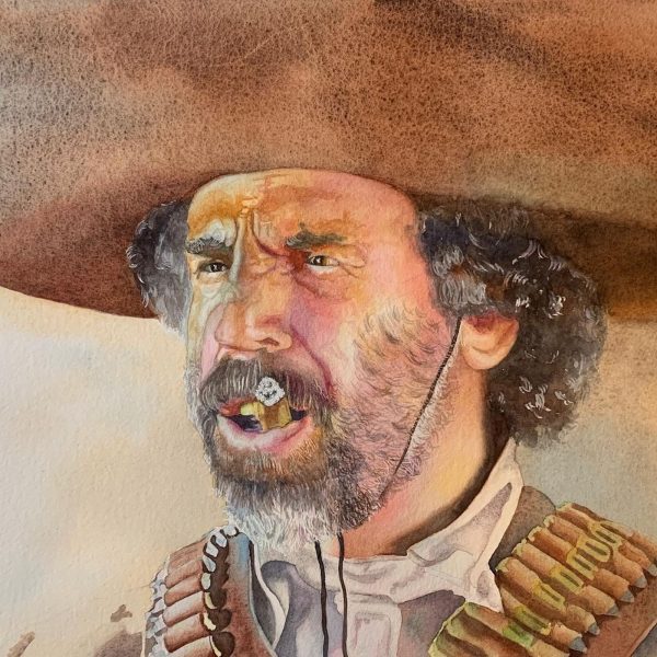 Deidre Husak watercolor of a man with curly hair wearing a large hat and holding a cigar in his mouth.